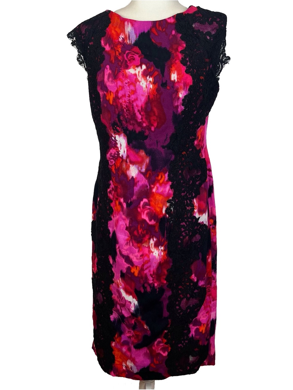Maggy London Multicolored Washed Watercolor Black Lace Trim Dress Size 10